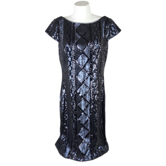 Adrianna Papell Sequin Cap Sleeve Sheath Dress Navy Size 10 Evening Sparkle - Picture 1 of 16